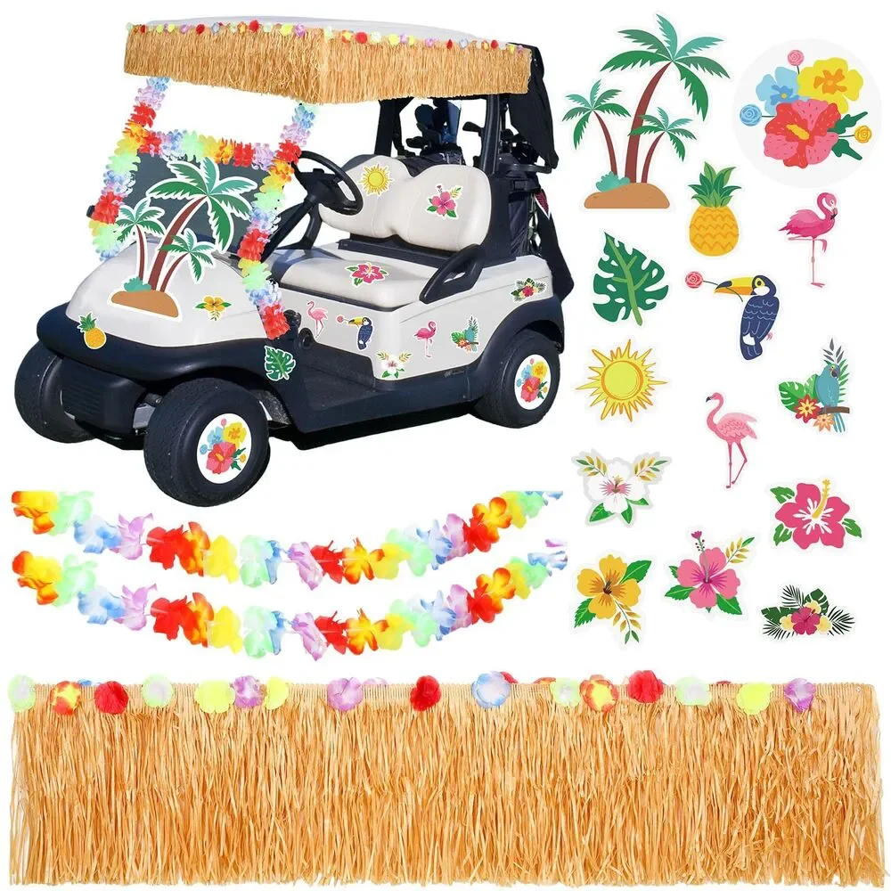 19 Pcs Golf Cart Parade Decorations Kit, Hawaiian Luau Theme Grass Fringe